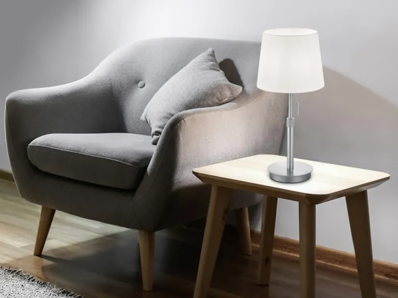 Tischleuchte LYON Silber mit Stoffschirm Weiß, Höhe 45-56cm verstellbar