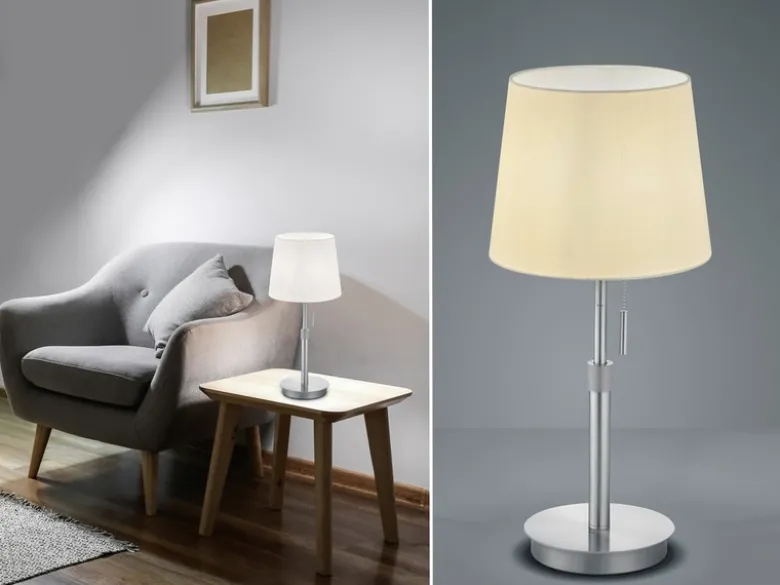 Tischleuchte LYON Silber mit Stoffschirm Weiß, Höhe 45-56cm verstellbar