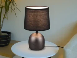Tischleuchte MALU mit Keramikfuß Silber & Stoffschirm Schwarz, Höhe 26cm
