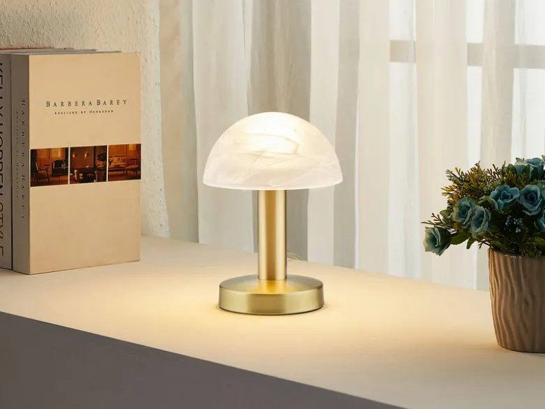 Tischleuchte Messing mit Glasschirm Weiß, Touch dimmbar mit E14 LED, Höhe 21cm