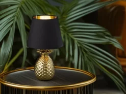 Tischleuchte PINEAPPLE Ananas Gold mit Stoffschirm Schwarz Gold, Höhe 35cm
