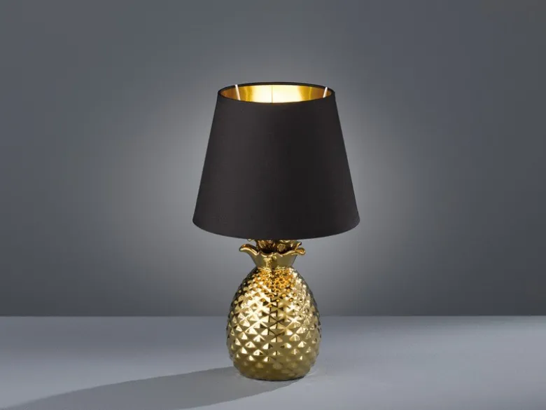 Tischleuchte PINEAPPLE Ananas Gold mit Stoffschirm Schwarz Gold, Höhe 35cm