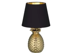 Tischleuchte PINEAPPLE Ananas Gold mit Stoffschirm Schwarz Gold, Höhe 35cm