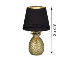 Tischleuchte PINEAPPLE Ananas Gold mit Stoffschirm Schwarz Gold, Höhe 35cm
