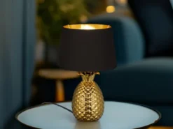 Tischleuchte PINEAPPLE Ananas Gold mit Stoffschirm Schwarz Gold, Höhe 43cm