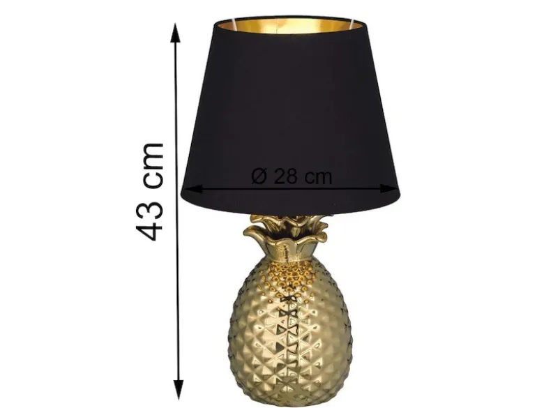 Tischleuchte PINEAPPLE Ananas Gold mit Stoffschirm Schwarz Gold, Höhe 43cm