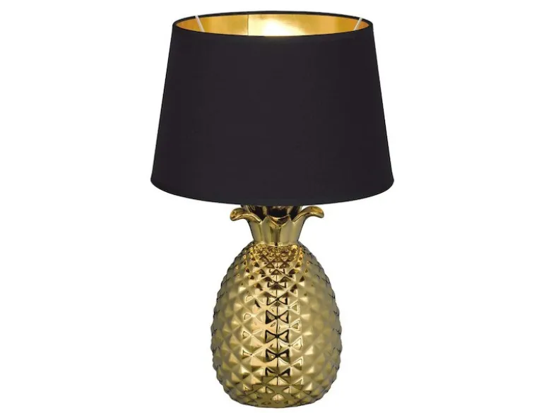 Tischleuchte PINEAPPLE Ananas Gold mit Stoffschirm Schwarz Gold, Höhe 43cm