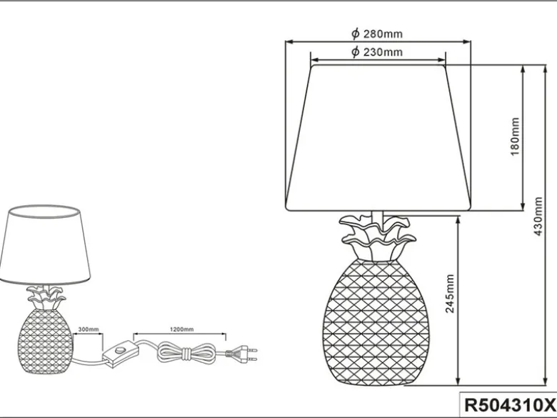 Tischleuchte PINEAPPLE Ananas Gold mit Stoffschirm Schwarz Gold, Höhe 43cm