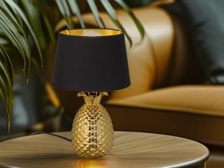 Tischleuchte PINEAPPLE Ananas Gold mit Stoffschirm Schwarz Gold, Höhe 43cm