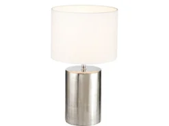 Tischleuchte PRATA Keramikfuß Silber Antik & Stoffschirm Leinen Weiß, Höhe 43cm