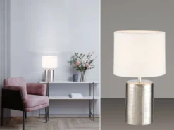 Tischleuchte PRATA Keramikfuß Silber Antik & Stoffschirm Leinen Weiß, Höhe 35cm