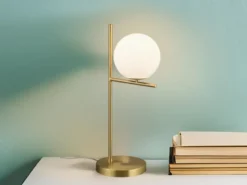 Tischleuchte PURE in Messing matt mit Glaskugel Opal Weiß, Höhe 52cm