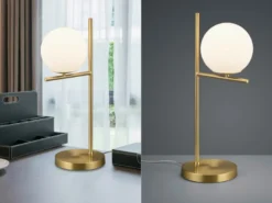 Tischleuchte PURE in Messing matt mit Glaskugel Opal Weiß, Höhe 52cm