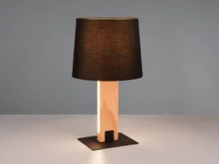 Tischleuchte RAHUL mit beleuchtetem Holzfuß und Stoffschirm, Höhe 50cm