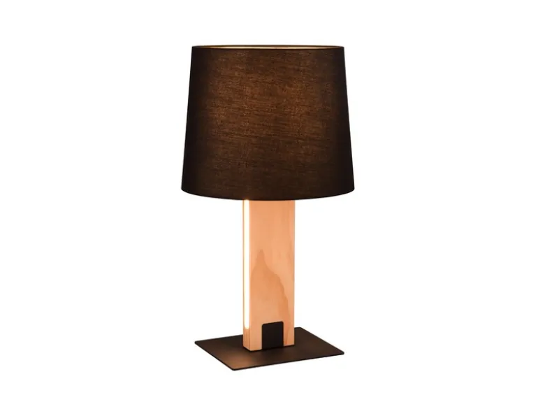 Tischleuchte RAHUL mit beleuchtetem Holzfuß und Stoffschirm, Höhe 50cm