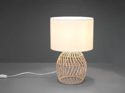 Tischleuchte RIKE mit Rattan Geflecht & Stoffschirm in Weiß, Höhe 38cm