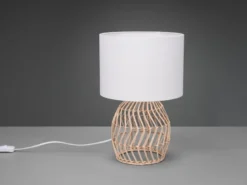 Tischleuchte RIKE mit Rattan Geflecht & Stoffschirm in Weiß, Höhe 38cm
