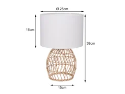 Tischleuchte RIKE mit Rattan Geflecht & Stoffschirm in Weiß, Höhe 38cm