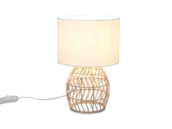 Tischleuchte RIKE mit Rattan Geflecht & Stoffschirm in Weiß, Höhe 38cm