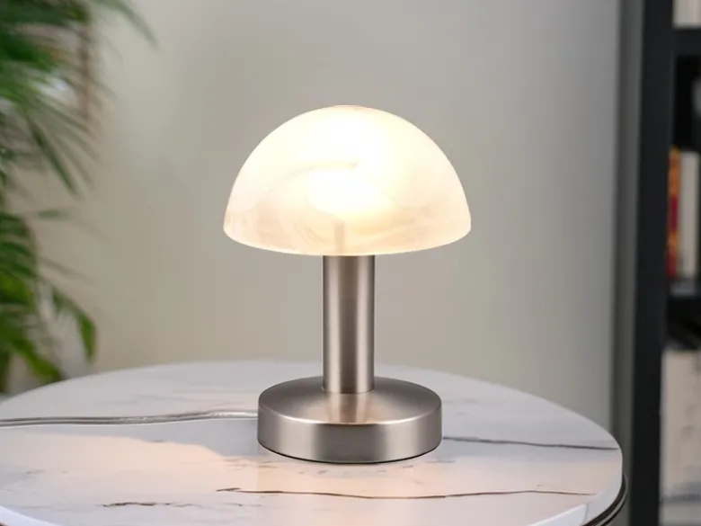 Tischleuchte Silber mit Glasschirm Weiß, Touch dimmbar mit E14 LED, Höhe 21cm