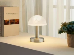 Tischleuchte Silber mit Glasschirm Weiß, Touch dimmbar mit E14 LED, Höhe 21cm