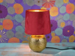 Tischleuchte SOPHIA mit Keramikfuß & Samtschirm Rot - Gold, Höhe 26cm