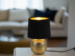 Tischleuchte SOPHIA mit Keramikfuß & Samtschirm Schwarz - Gold, Höhe 26cm