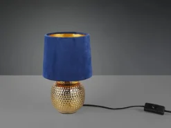 Tischleuchte SOPHIA mit Keramikfuß & Samtschirm Blau - Gold, Höhe 26cm