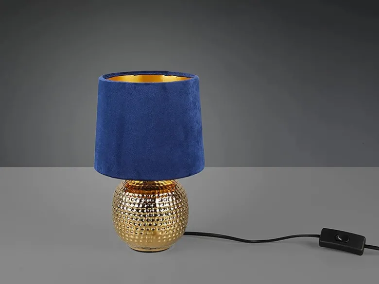 Tischleuchte SOPHIA mit Keramikfuß & Samtschirm Blau - Gold, Höhe 26cm
