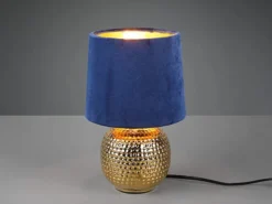 Tischleuchte SOPHIA mit Keramikfuß & Samtschirm Blau - Gold, Höhe 26cm