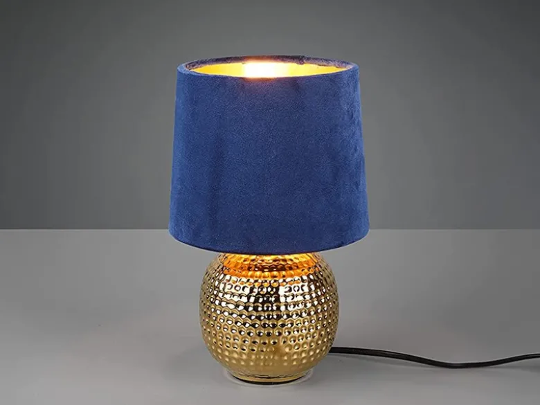 Tischleuchte SOPHIA mit Keramikfuß & Samtschirm Blau - Gold, Höhe 26cm