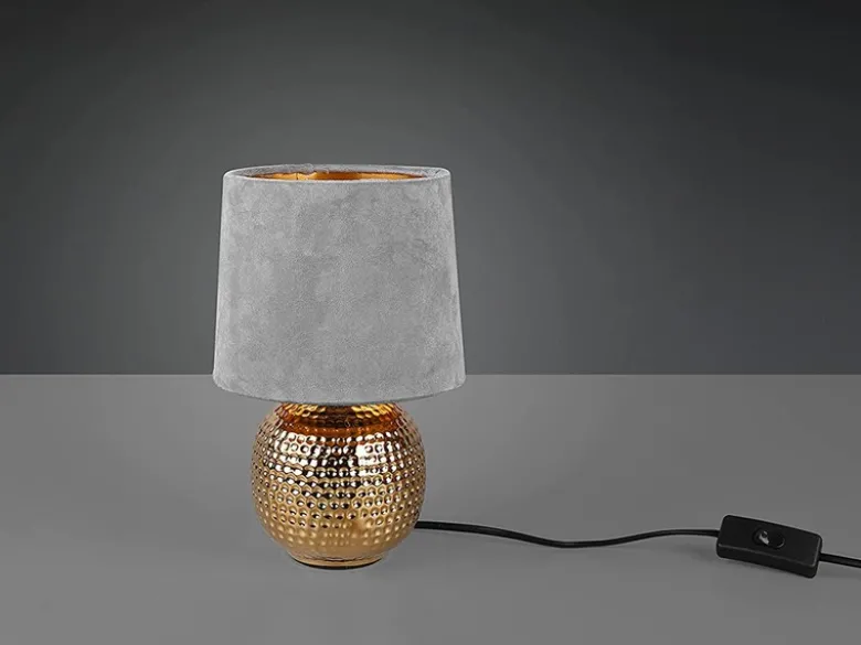 Tischleuchte SOPHIA mit Keramikfuß & Samtschirm Grau - Gold, Höhe 26cm