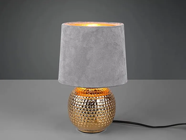 Tischleuchte SOPHIA mit Keramikfuß & Samtschirm Grau - Gold, Höhe 26cm