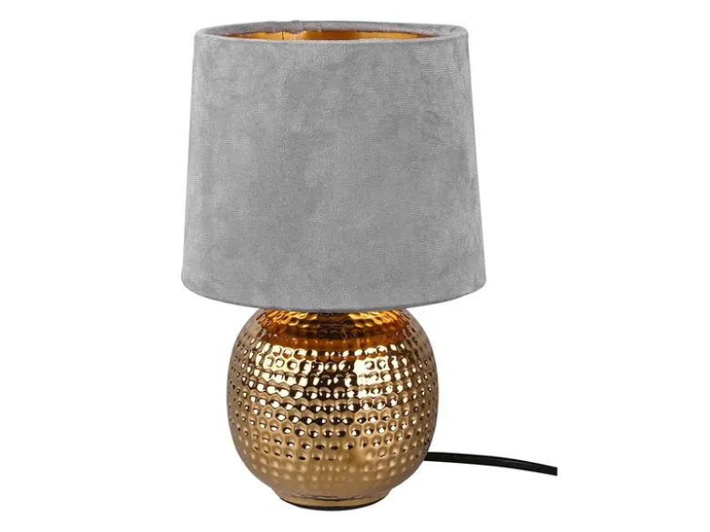 Tischleuchte SOPHIA mit Keramikfuß & Samtschirm Grau - Gold, Höhe 26cm