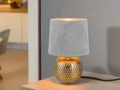Tischleuchte SOPHIA mit Keramikfuß & Samtschirm Grau - Gold, Höhe 26cm
