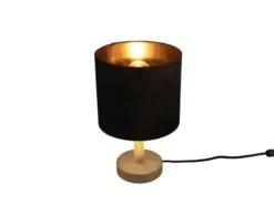 Tischleuchte Stoff Lampenschirm Schwarz/Gold & Holz Fuß, Höhe 34cm