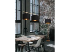 Tischleuchte Stoff Lampenschirm Schwarz/Gold & Holz Fuß, Höhe 34cm