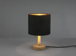 Tischleuchte Stoff Lampenschirm Schwarz/Gold & Holz Fuß, Höhe 34cm