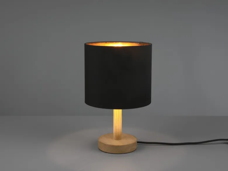 Tischleuchte Stoff Lampenschirm Schwarz/Gold & Holz Fuß, Höhe 34cm