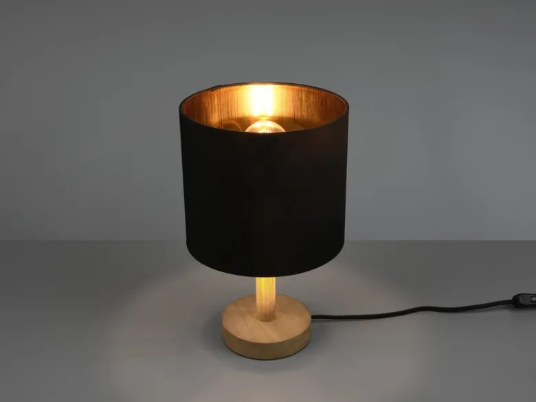 Tischleuchte Stoff Lampenschirm Schwarz/Gold & Holz Fuß, Höhe 34cm