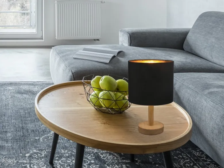 Tischleuchte Stoff Lampenschirm Schwarz/Gold & Holz Fuß, Höhe 34cm