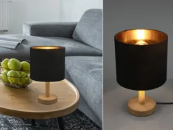 Tischleuchte Stoff Lampenschirm Schwarz/Gold & Holz Fuß, Höhe 34cm