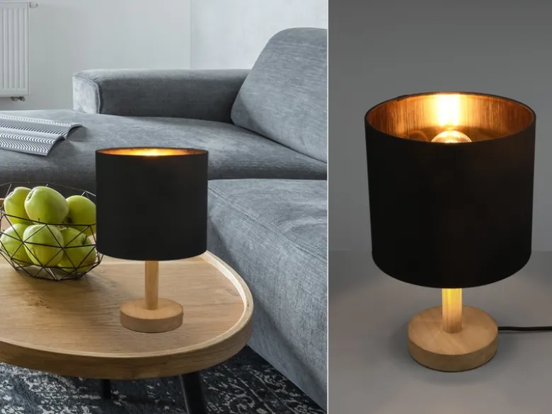 Tischleuchte Stoff Lampenschirm Schwarz/Gold & Holz Fuß, Höhe 34cm