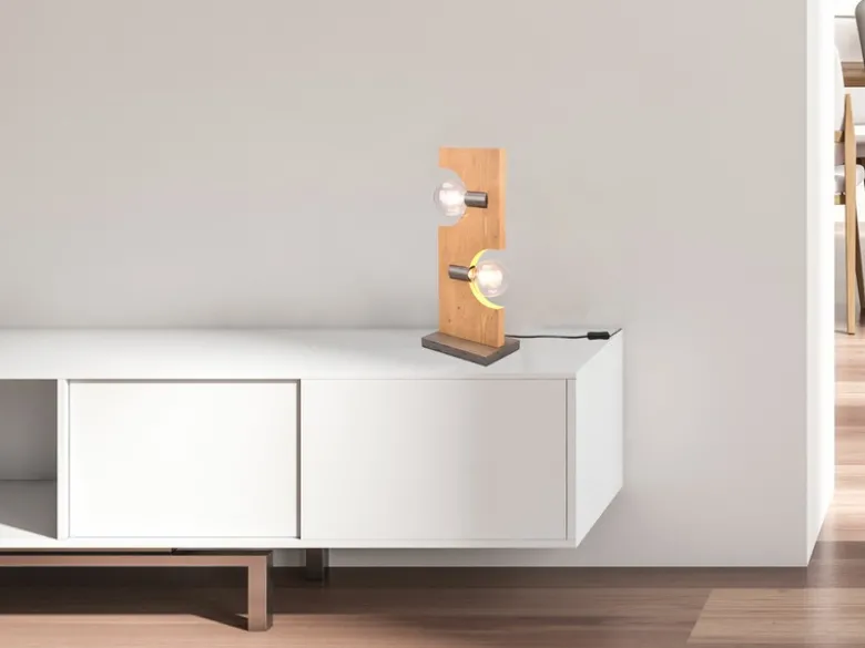 Tischleuchte TAILOR 2 flammig Holzbrett naturbelassen, Höhe 52cm