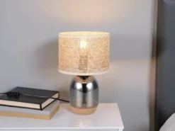 Tischleuchte TARA mit Rattanschirm, Kork und Glasfuß, Höhe 32cm