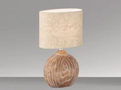 Tischleuchte TOBSE, Keramikfuß Holzfarben & Lampenschirm Leinen Beige, Höhe 39cm