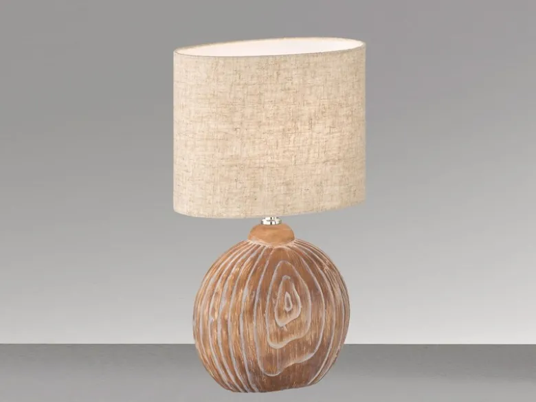 Tischleuchte TOBSE, Keramikfuß Holzfarben & Lampenschirm Leinen Beige, Höhe 39cm