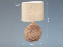 Tischleuchte TOBSE, Keramikfuß Holzfarben & Lampenschirm Leinen Beige, Höhe 39cm