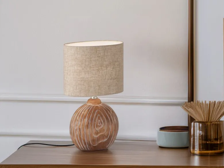Tischleuchte TOBSE, Keramikfuß Holzfarben & Lampenschirm Leinen Beige, Höhe 39cm