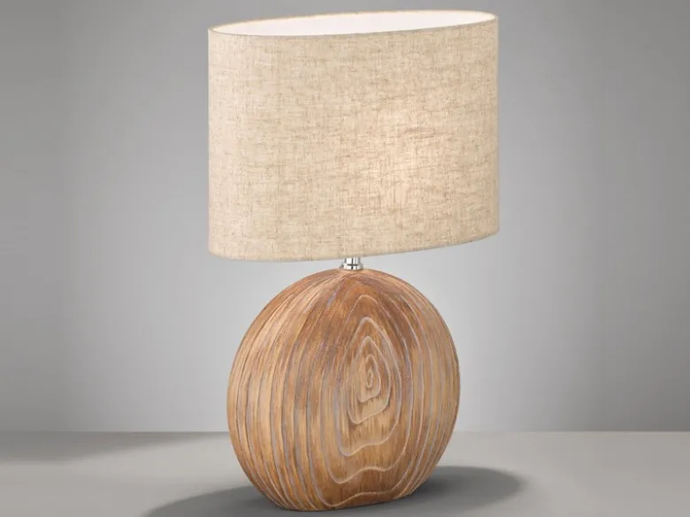 Tischleuchte TOBSE, Keramikfuß Holzfarben & Lampenschirm Leinen Beige, Höhe 53cm